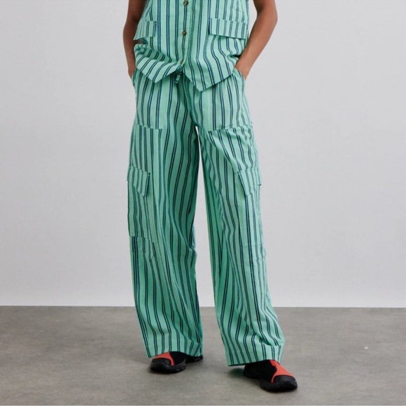 Damson Madder “sydney coastal cargo pants” mint green stripe drawstring linen - Picture 1 of 12